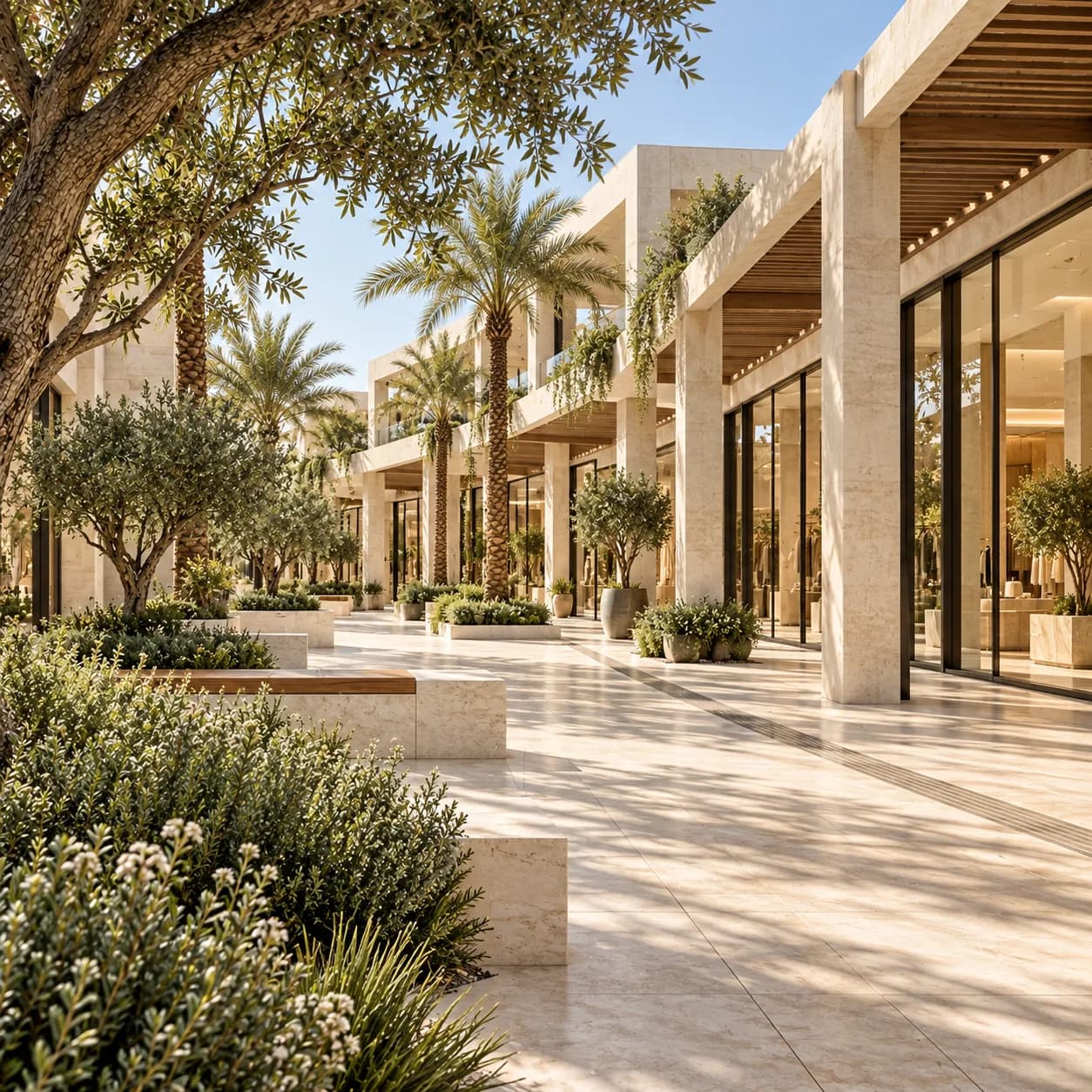 Shaded retail promenade with stone colonnade