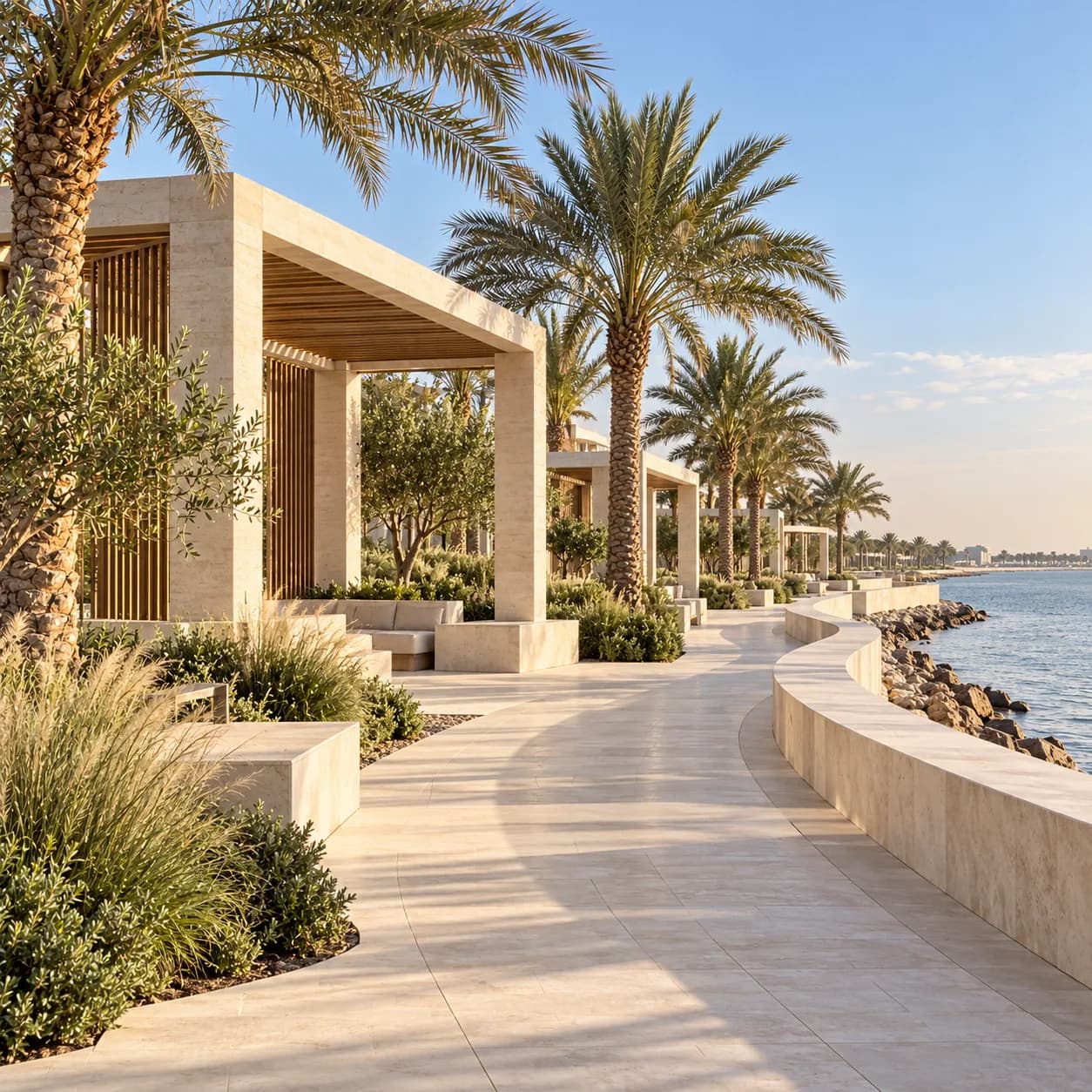 Curving waterfront promenade lined with palms