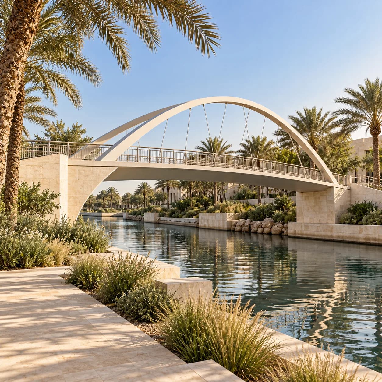 Arched pedestrian bridge over a landscaped canal