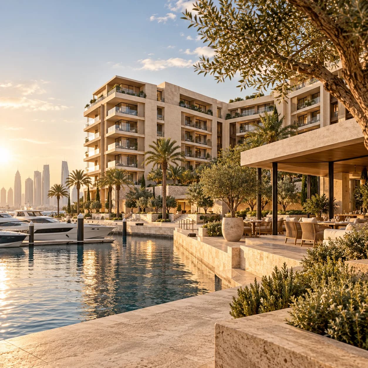Mixed-use marina district with apartments and waterfront dining