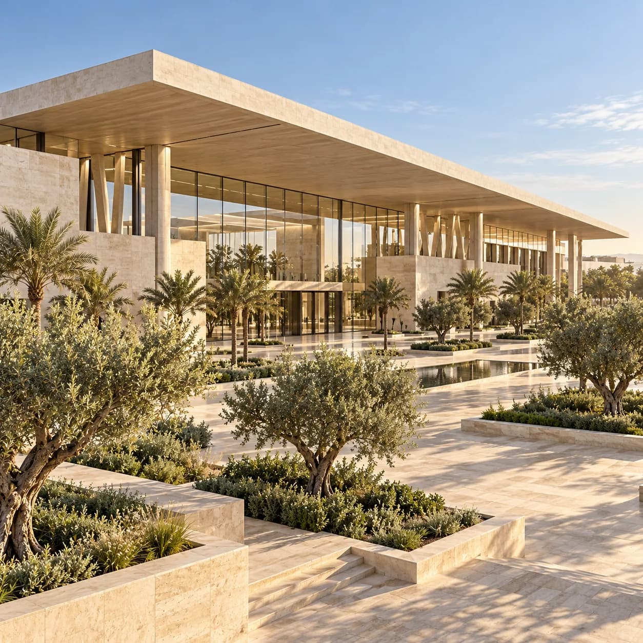 Low clubhouse pavilion with a deep canopy and gardens