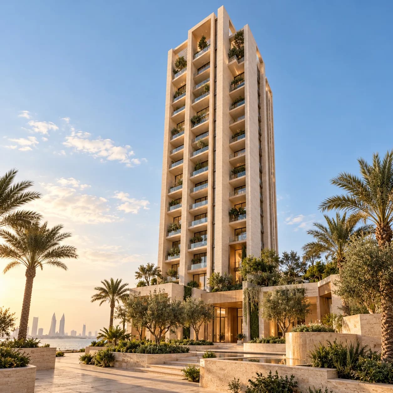 Residential tower with planted balconies by the sea