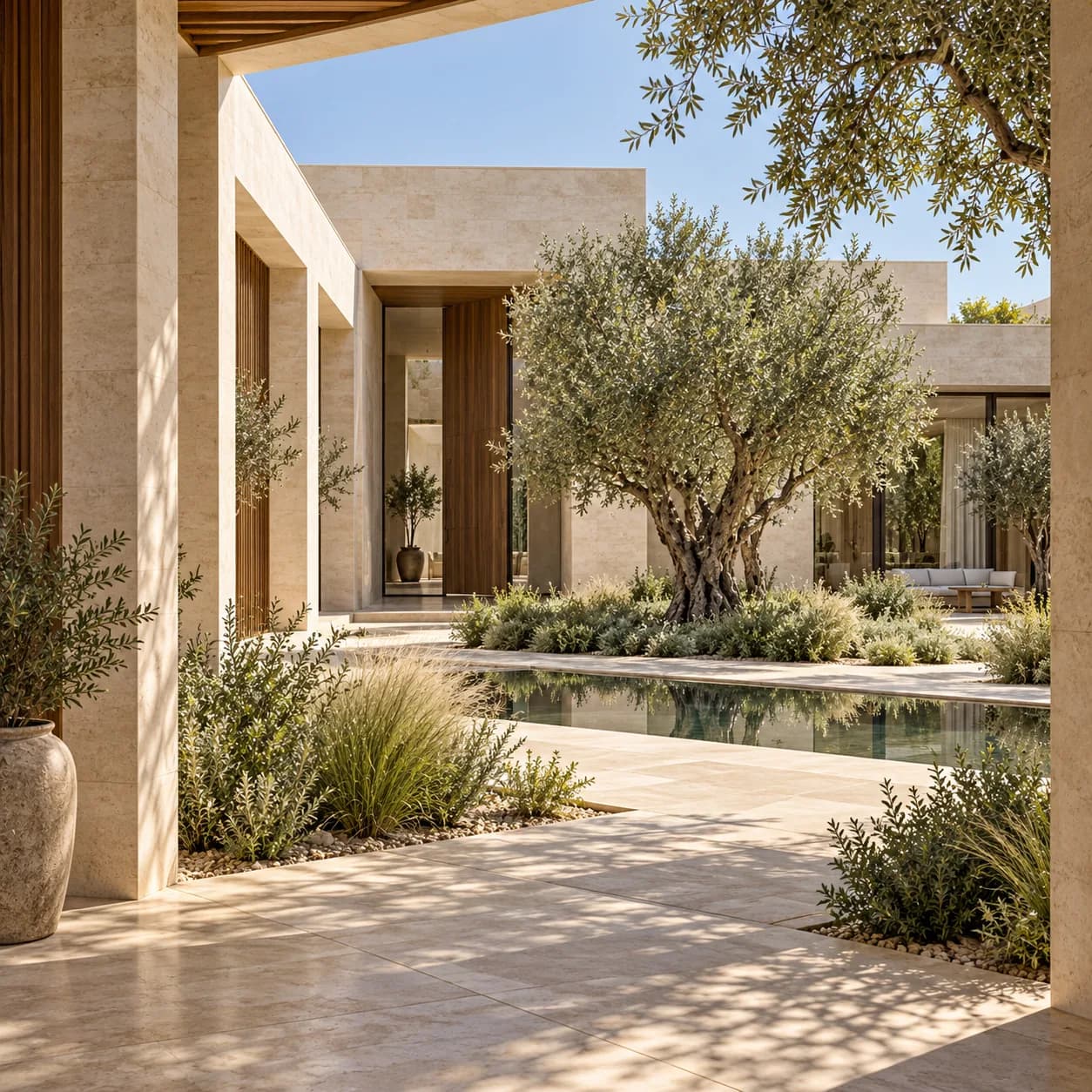 Courtyard villa with olive tree and reflecting pool